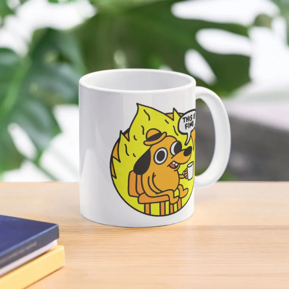 This Is Fine Funny Meme Classic Mug Handle Round Cup Drinkware Coffee Image Printed Photo Picture Simple Design Gifts Tea
