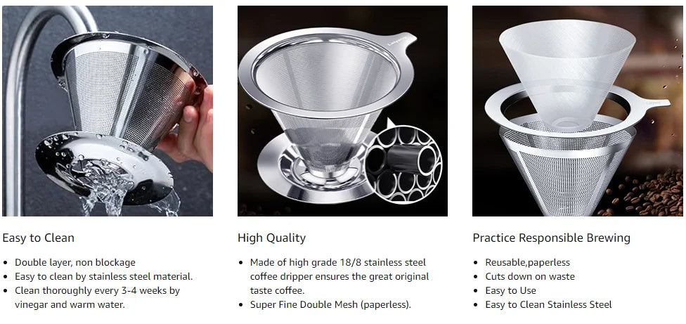 Pour Over Coffee Dripper,Slow Drip Paperless Coffee Filter,Stainless Steel Pour Over Coffee Maker,Double Mesh Design,Reusable