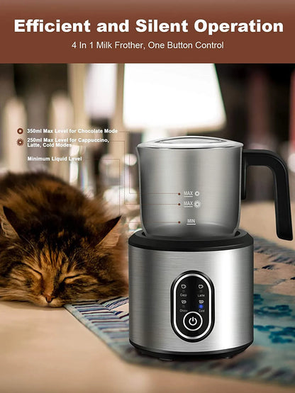 DEVISIB 4-in-1 Automatic Milk Frother Electric Instant Magic Froth 350ml Stainless Steel Pitcher Dishwasher Safe Hot and Cold