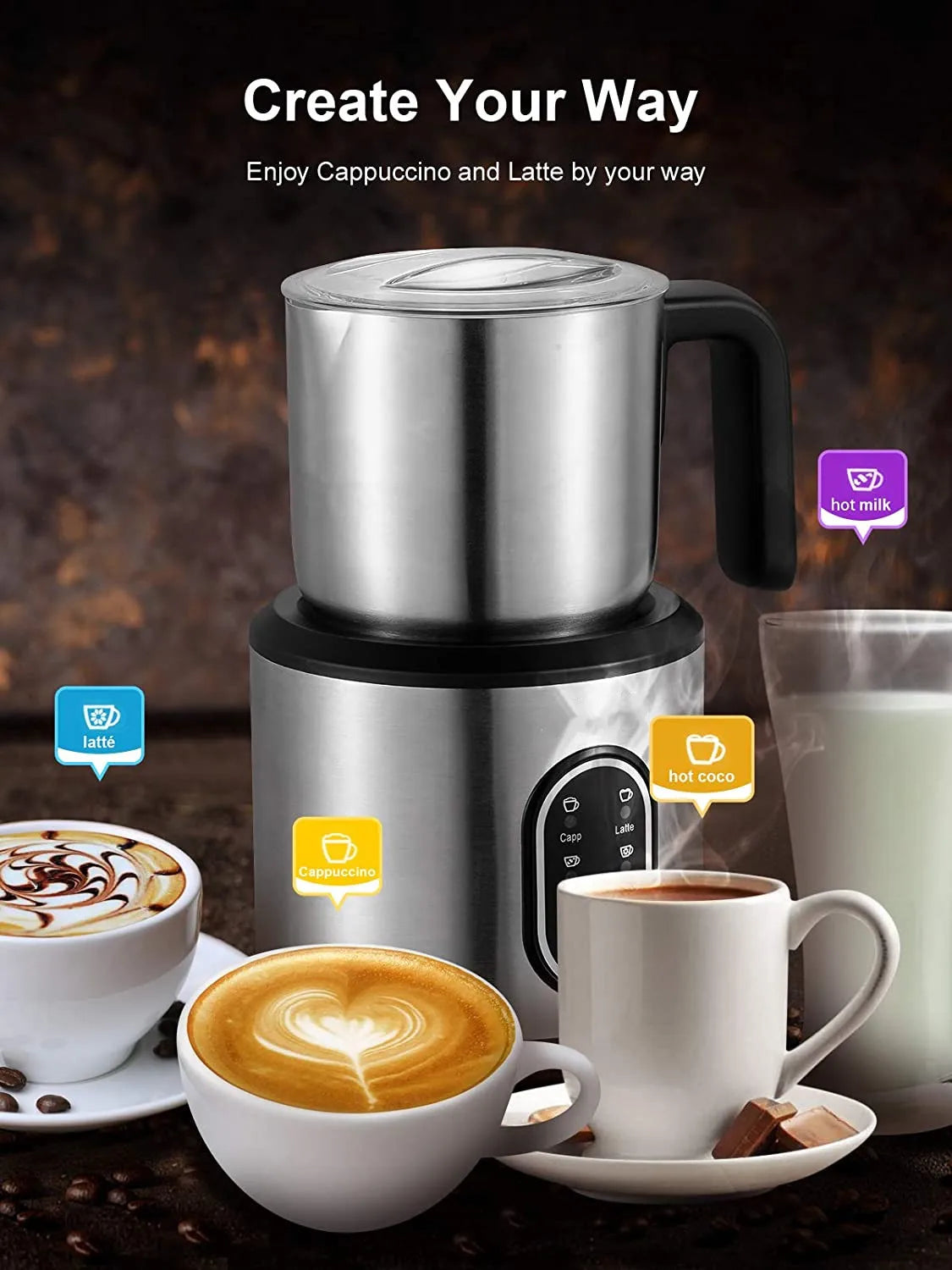 DEVISIB 4-in-1 Automatic Milk Frother Electric Instant Magic Froth 350ml Stainless Steel Pitcher Dishwasher Safe Hot and Cold