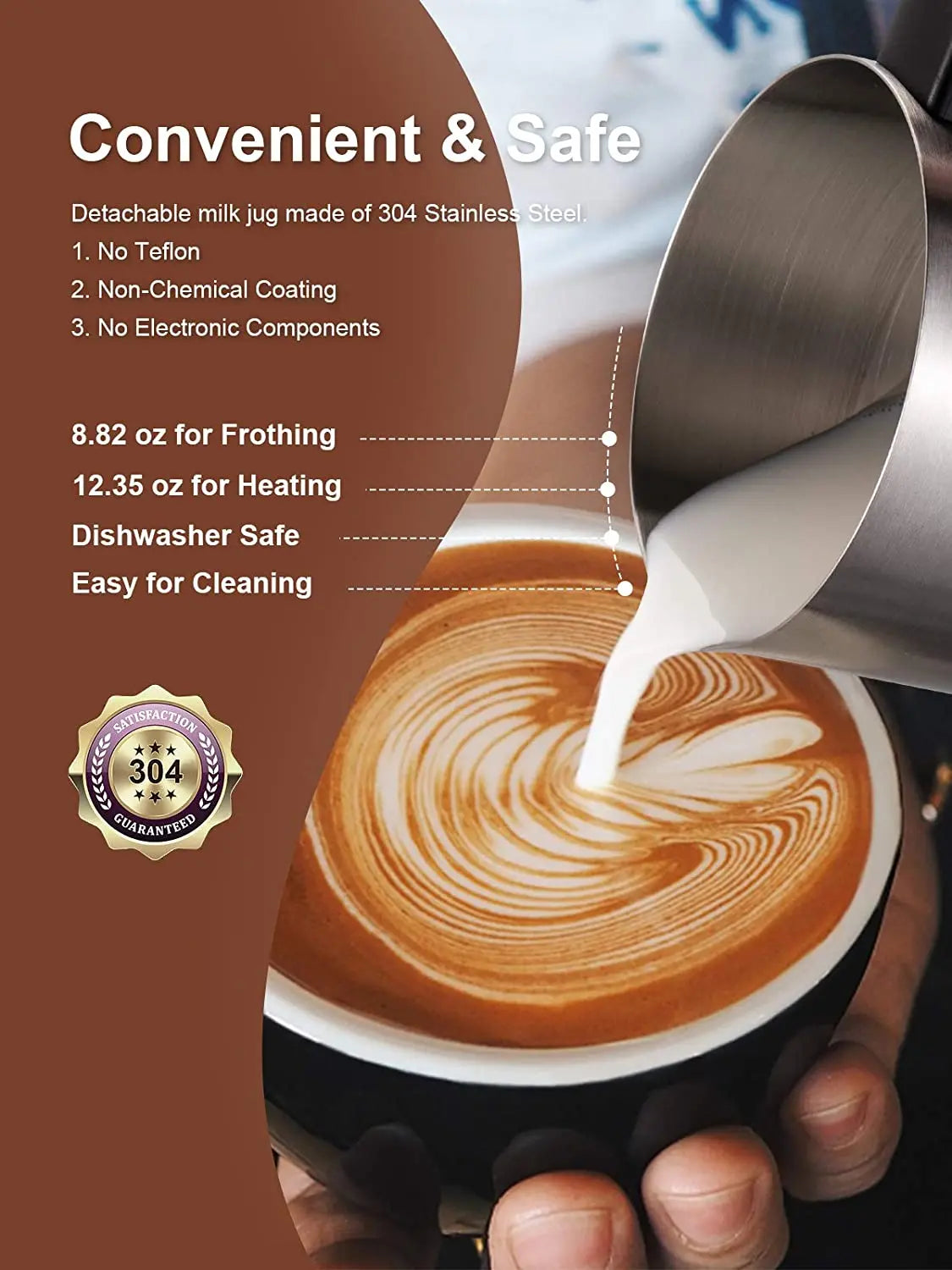 DEVISIB 4-in-1 Automatic Milk Frother Electric Instant Magic Froth 350ml Stainless Steel Pitcher Dishwasher Safe Hot and Cold