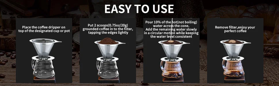 Pour Over Coffee Dripper,Slow Drip Paperless Coffee Filter,Stainless Steel Pour Over Coffee Maker,Double Mesh Design,Reusable