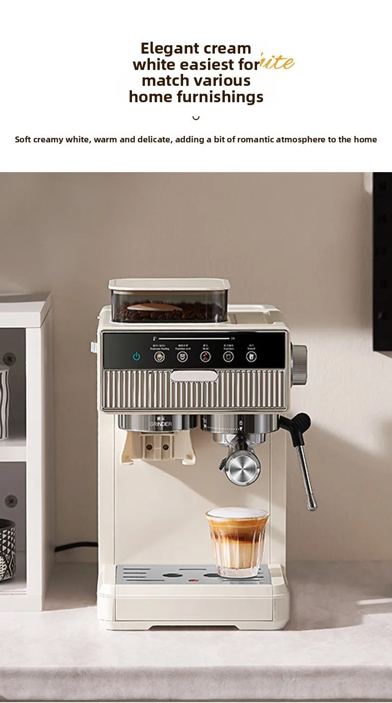 3-in-1 coffee machine grinds coffee beans+steam milk foam +15Bar espresso automatic cleaning, 20-gear grinding, LCD touch screen