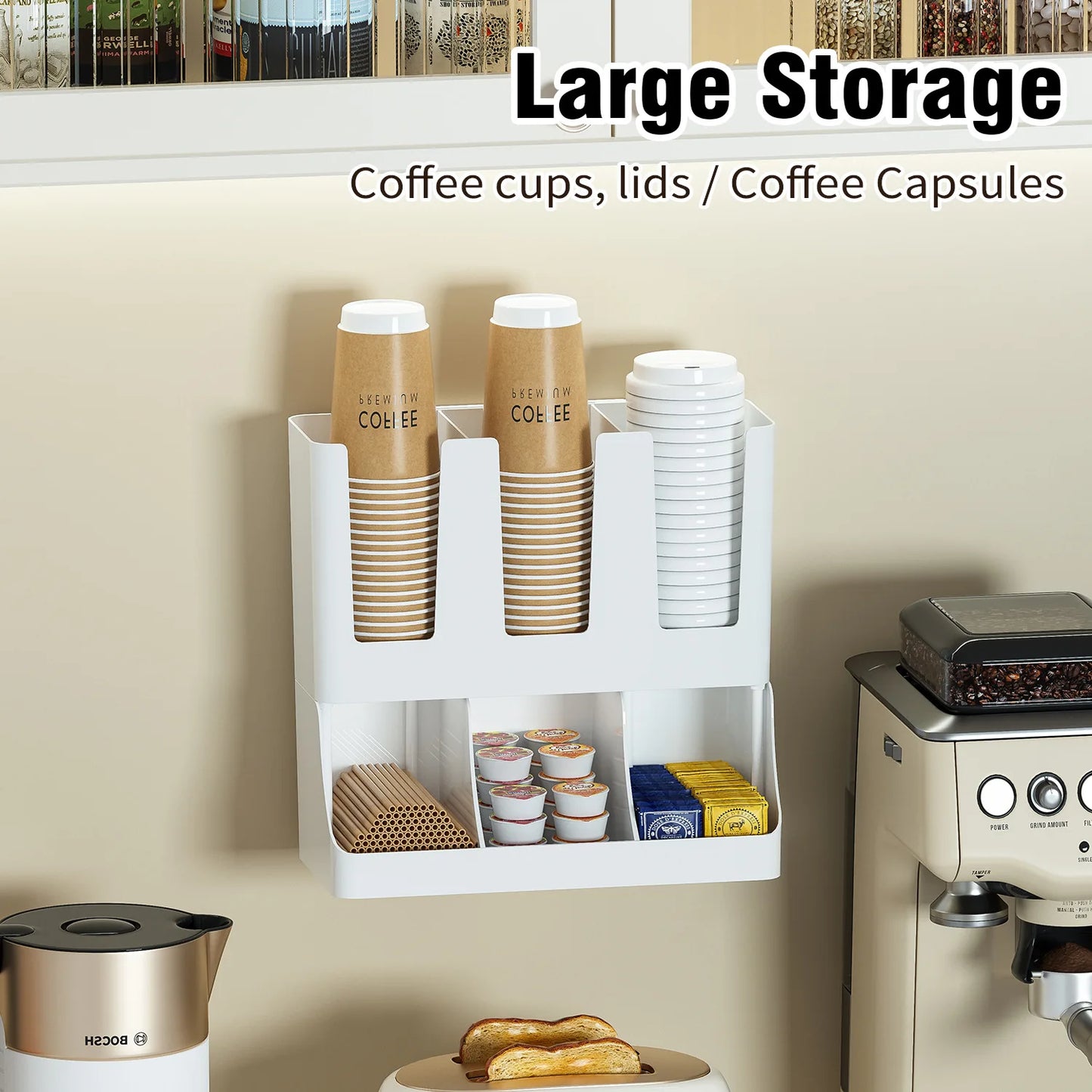 Coffee Station Organizer, Wall-mounted Coffee Bar Organizer for Countertop, Condiment and Cup Storage Organizer, Bar Accessories