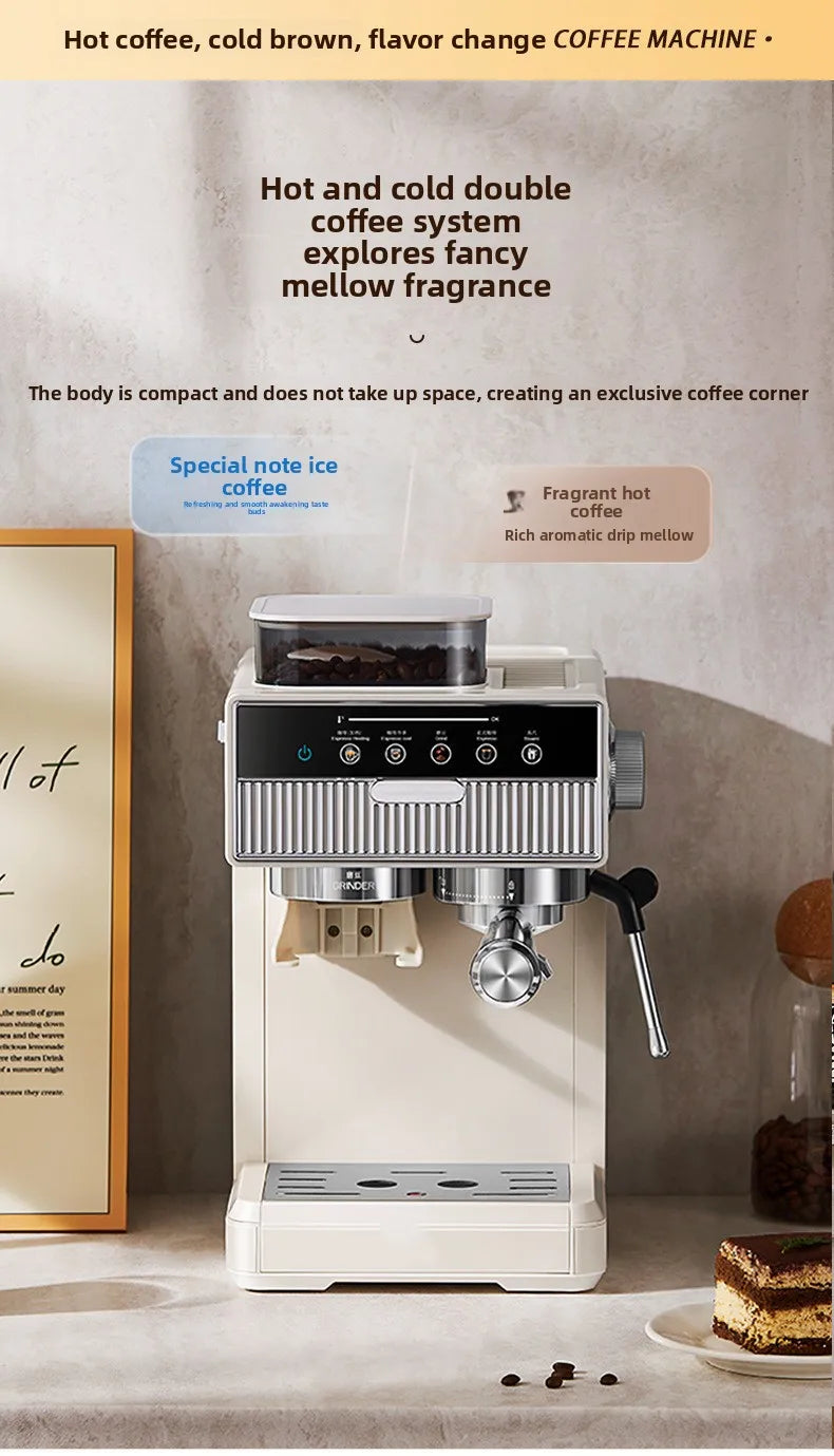 3-in-1 coffee machine grinds coffee beans+steam milk foam +15Bar espresso automatic cleaning, 20-gear grinding, LCD touch screen