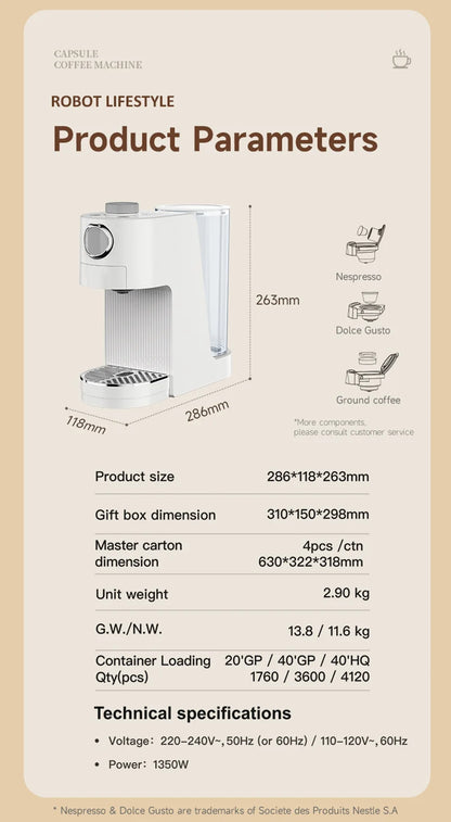 Coffee Maker 3 in 1 Multi Coffee Machine Hot/Cold, Dual Extraction, 20Bar, 1.4L Water Tank Home Hotel Coffee Maker