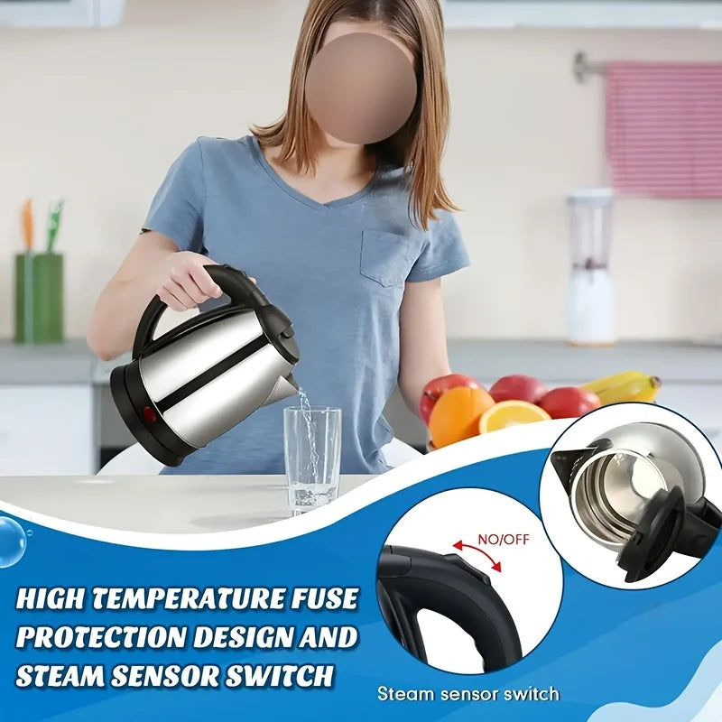 2L Electric Kettle1000W Stainless Steel Teapot with Auto Shut-Off Anti-Dry Design,Quick Boil for Home Kitchen,Durable Kitchenwar