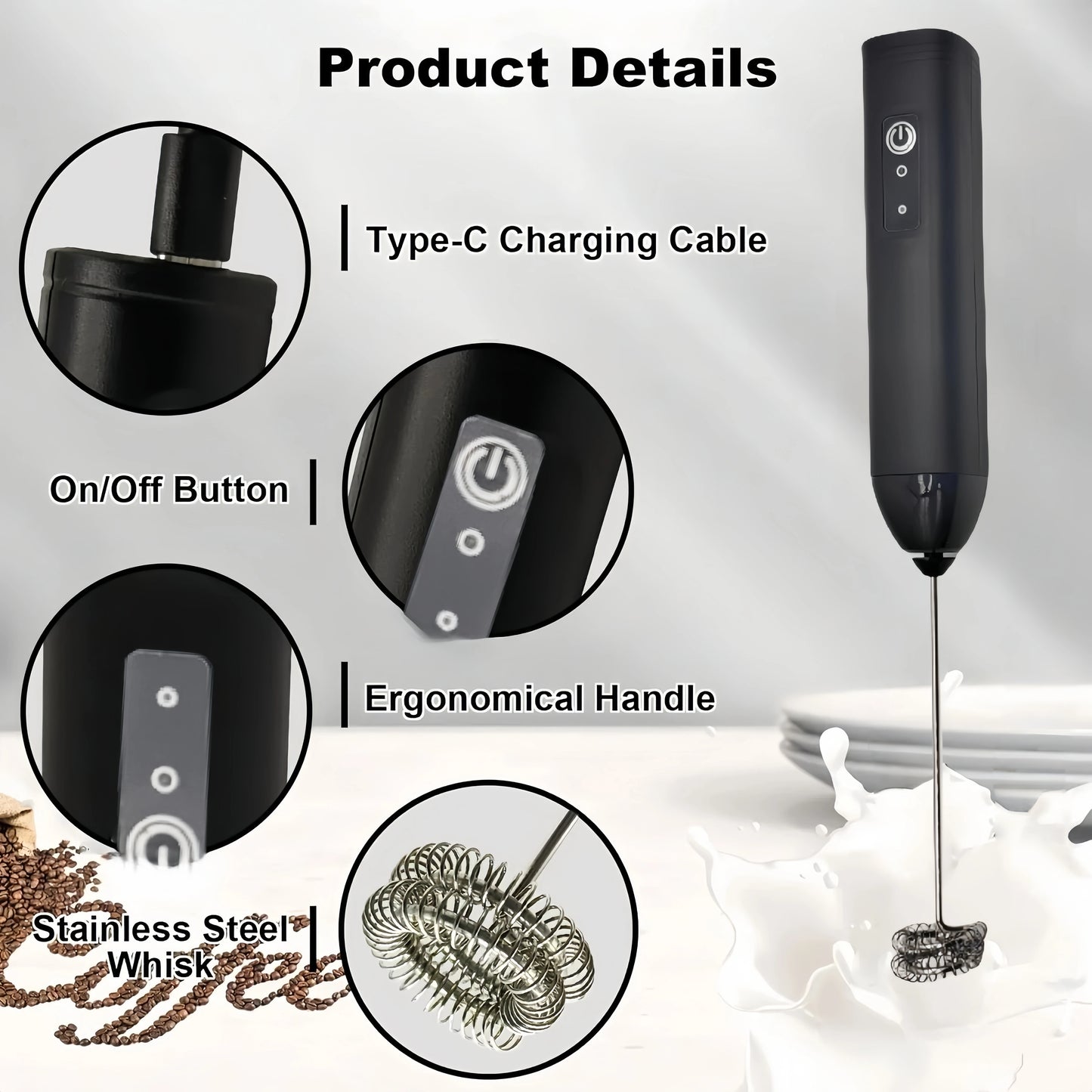 MINI Milk Frother USB Rechargeable 3 Speeds Foam Maker Coffee Whisk Mixer Electric Handle Blender Egg Beater