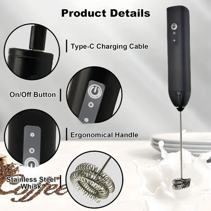 MINI Milk Frother USB Rechargeable 3 Speeds Foam Maker Coffee Whisk Mixer Electric Handle Blender Egg Beater