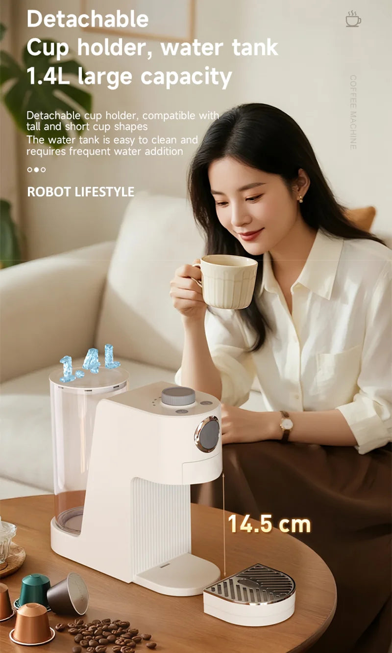 Multi Capsule Coffee Maker Machine Compatible Ground Coffee, Hot Cold Dual Extraction, 20Bar High Pressure, 1.4L Water Tank