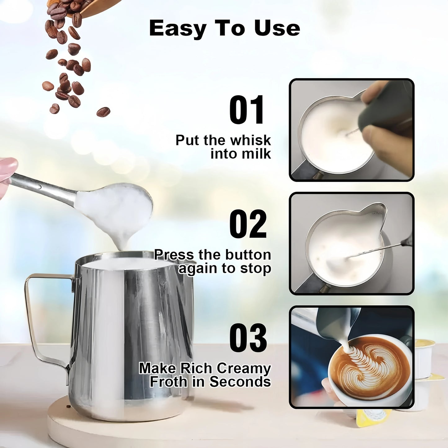 MINI Milk Frother USB Rechargeable 3 Speeds Foam Maker Coffee Whisk Mixer Electric Handle Blender Egg Beater