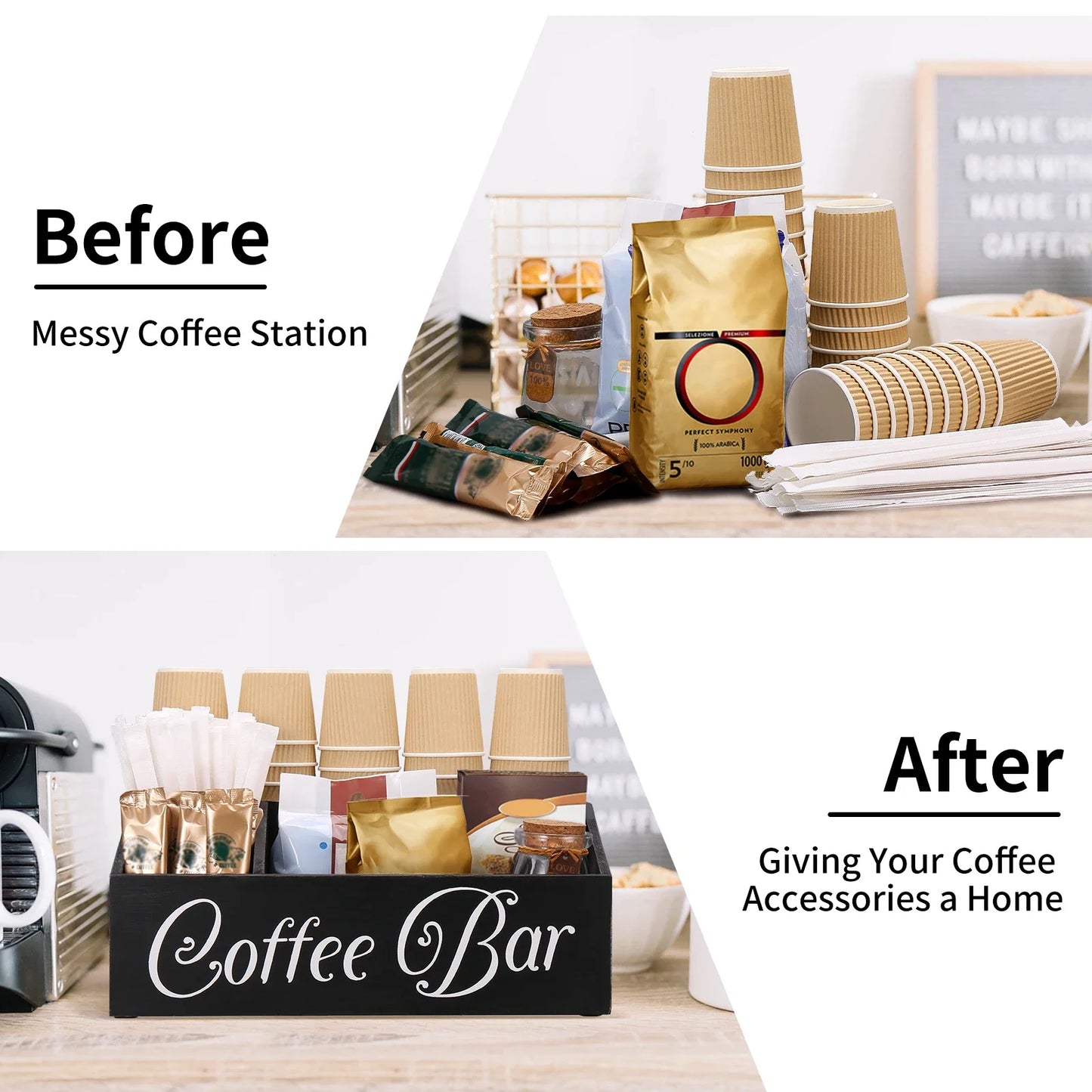Coffee Station Organizer for Counter Wood Snack Pods Holder Storage Basket Rustic Tea Coffee Office Bar Decor Coffee Accessories