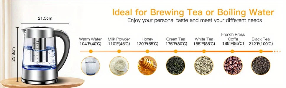 1.8L Electric Kettle with 12 Temperature Settings and 24 Hour Insulation - Stainless Steel Strainer