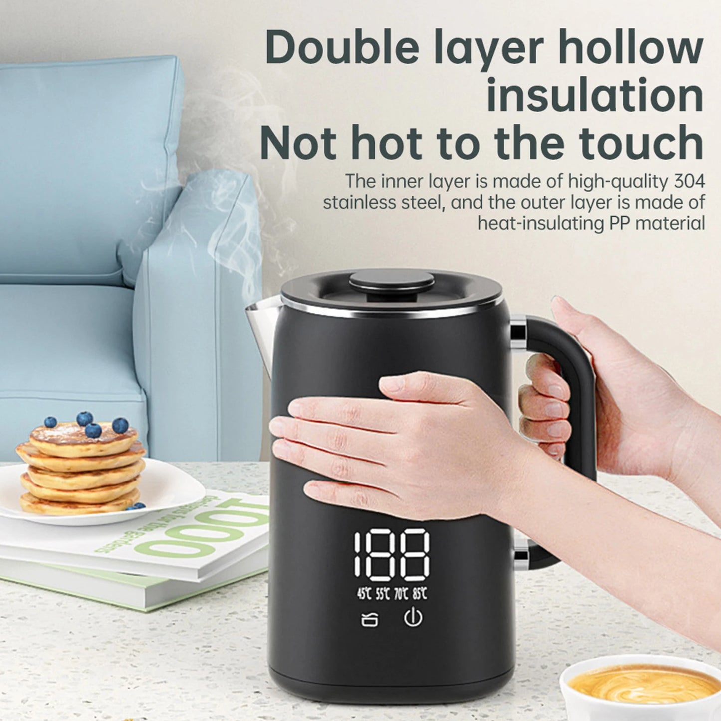Electric Kettle 1.7L Large Capacity 1500W Stainless Steel Digital Display Insulated Water Boiler Kettle with Handle and Lid