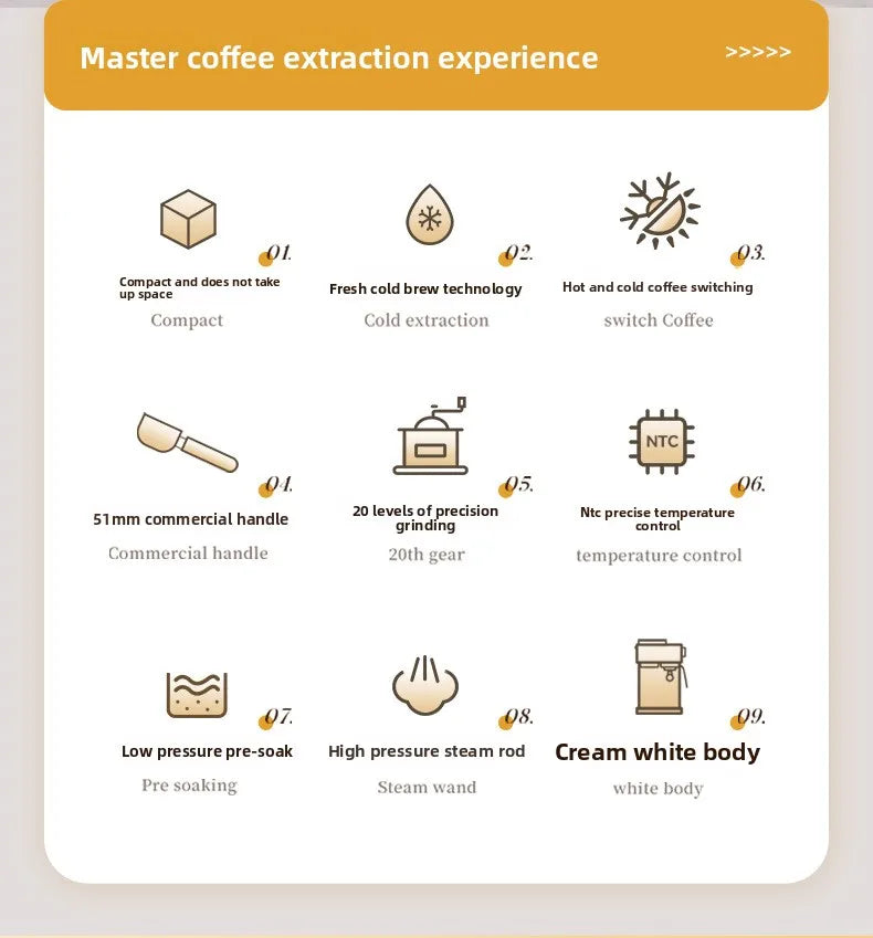 3-in-1 coffee machine grinds coffee beans+steam milk foam +15Bar espresso automatic cleaning, 20-gear grinding, LCD touch screen