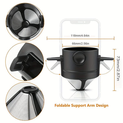 1/3pcs Folding Coffee Maker Filters Pour Over Dripper Set Stainless Steel Hand-Flush Funnel Cup with Ear Hook For Perfect Coffee
