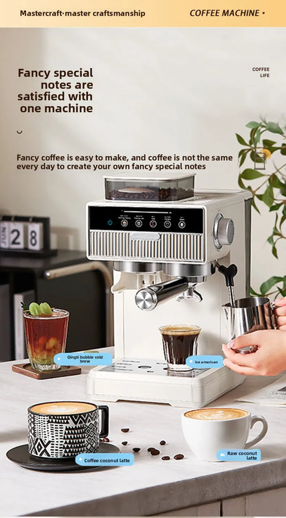 3-in-1 coffee machine grinds coffee beans+steam milk foam +15Bar espresso automatic cleaning, 20-gear grinding, LCD touch screen