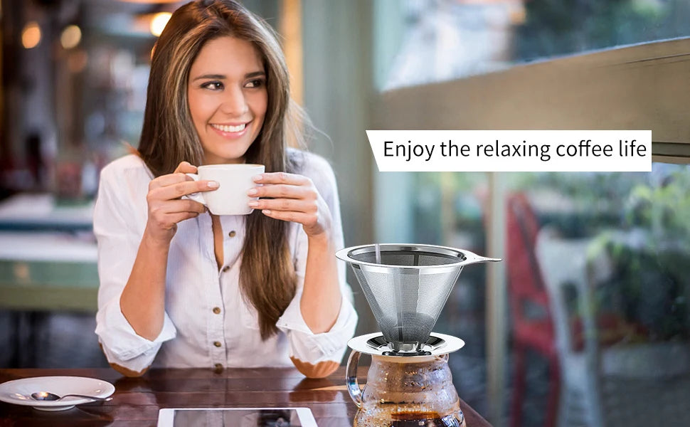 Pour Over Coffee Dripper,Slow Drip Paperless Coffee Filter,Stainless Steel Pour Over Coffee Maker,Double Mesh Design,Reusable