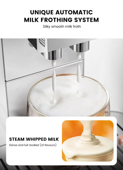 Mcilpoog M3 Automatic Espresso Coffee Machine ，Built-In Milk Frother & Tank, 7 Coffee Varieties, Touchscreen