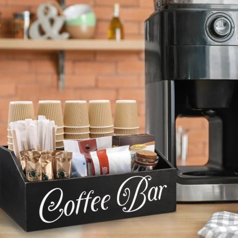 Coffee Station Organizer for Counter Wood Snack Pods Holder Storage Basket Rustic Tea Coffee Office Bar Decor Coffee Accessories