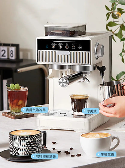 3-in-1 coffee machine grinds coffee beans+steam milk foam +15Bar espresso automatic cleaning, 20-gear grinding, LCD touch screen