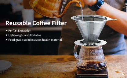 Pour Over Coffee Dripper,Slow Drip Paperless Coffee Filter,Stainless Steel Pour Over Coffee Maker,Double Mesh Design,Reusable