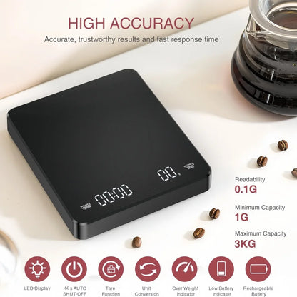 High-precision Electronic Coffee Scale with Waterproof Pad LED Display USB Timing Professional Home Coffee Accessories 3kg/5kg