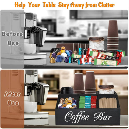 Coffee Station Organizer for Counter Wood Snack Pods Holder Storage Basket Rustic Tea Coffee Office Bar Decor Coffee Accessories