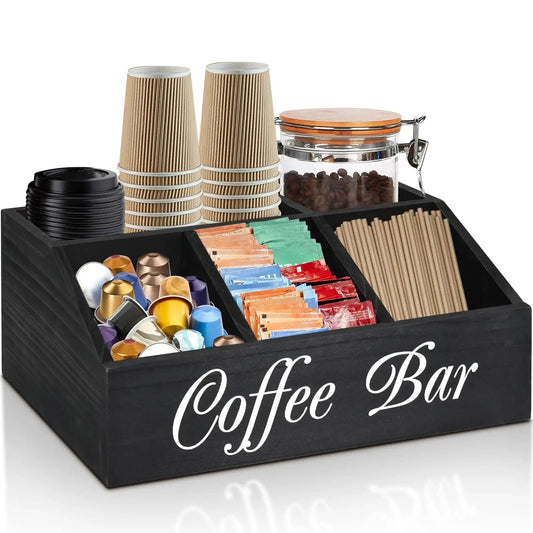 Coffee Station Organizer for Counter Wood Snack Pods Holder Storage Basket Rustic Tea Coffee Office Bar Decor Coffee Accessories