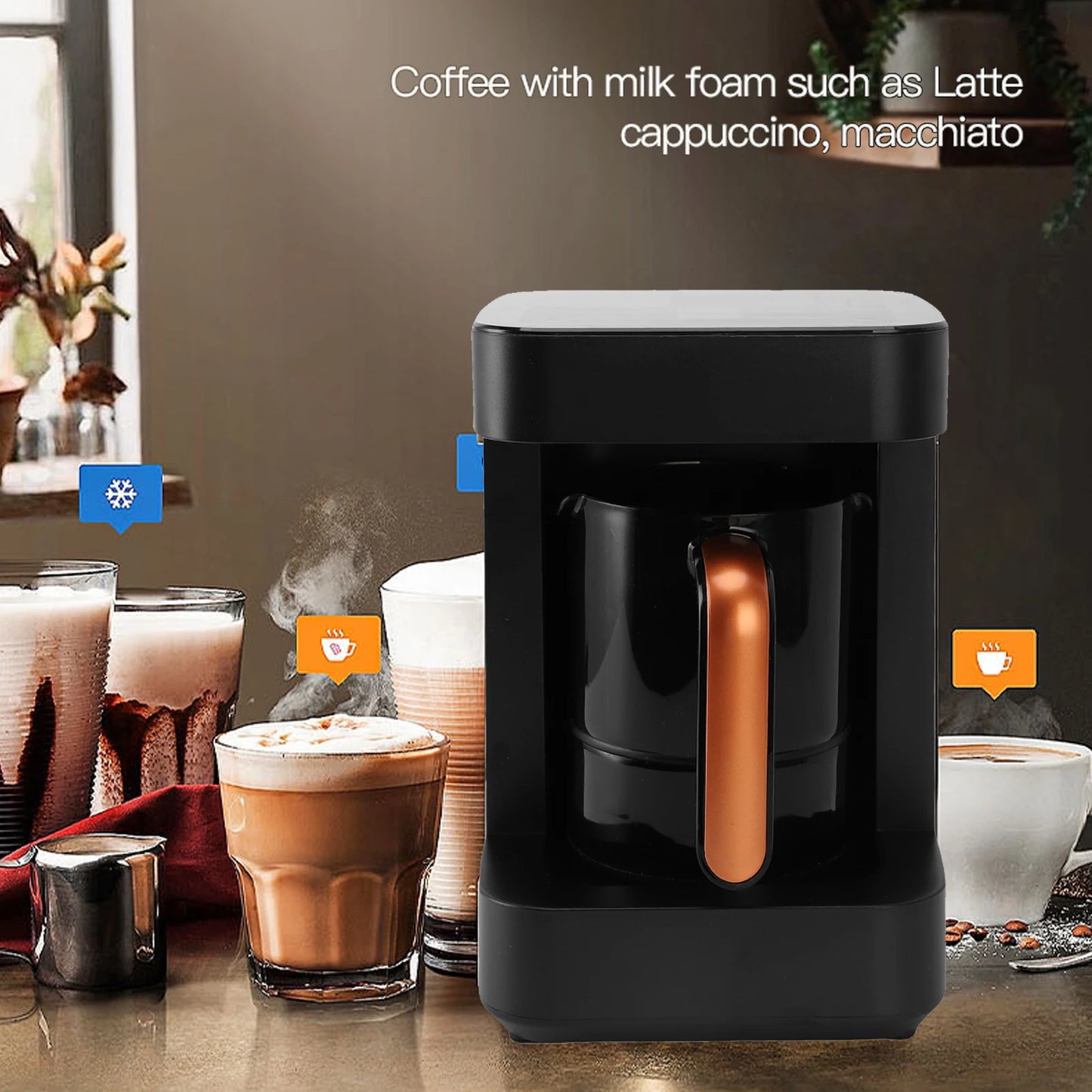 Hot Beverage Coffee Maker Portable 7 Cups Turkish Coffee Machine LCD Touchscreen 11 Heating Modes Milk Frother for Office