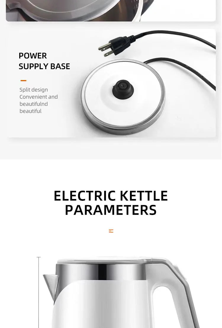Household 2L Large Capacity Electric Kettle 304 Stainless Steel Double Layer Protection Quick Boiling Water Kettle