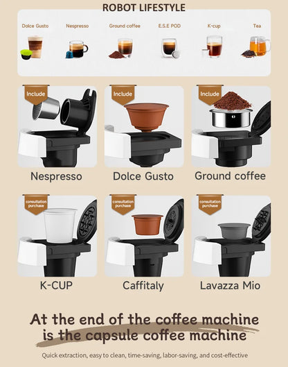 Multi Capsule Coffee Maker Machine Compatible Ground Coffee, Hot Cold Dual Extraction, 20Bar High Pressure, 1.4L Water Tank