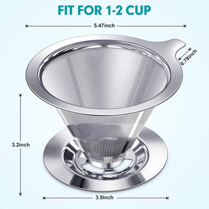Pour Over Coffee Dripper,Slow Drip Paperless Coffee Filter,Stainless Steel Pour Over Coffee Maker,Double Mesh Design,Reusable