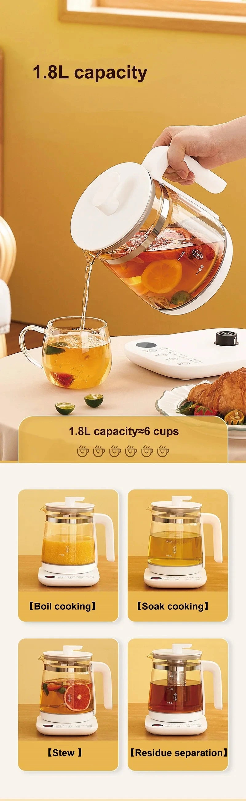 1.8L Electric Kettle Office Glass Flower Teapot Temperature Control Health Kettle 24h Appointment Stew Boil Kettle Multifunction