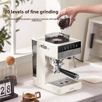 3-in-1 coffee machine grinds coffee beans+steam milk foam +15Bar espresso automatic cleaning, 20-gear grinding, LCD touch screen