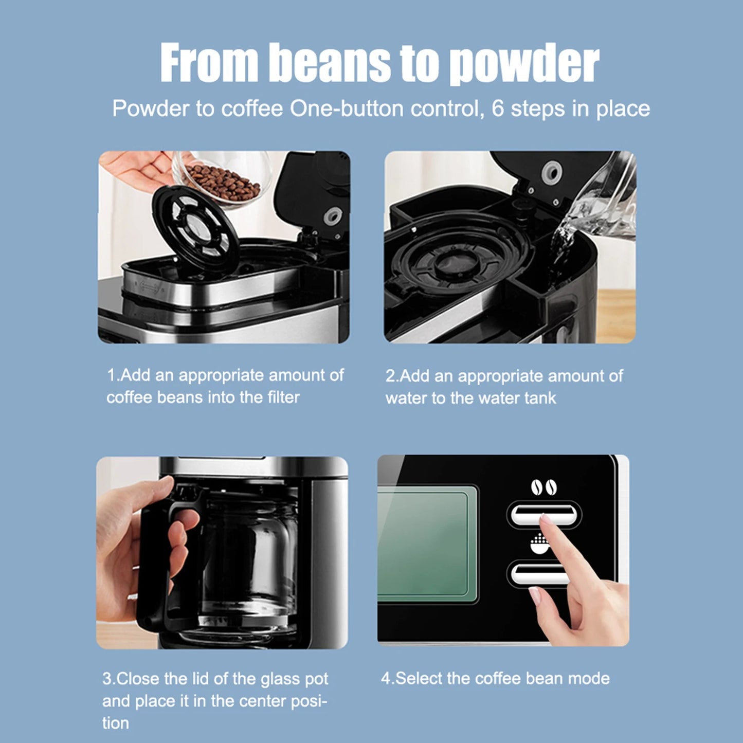 Programmable Coffee Maker with Timer 1050 Watts 1L Large Capacity 2-8 CupsDrip Coffee Maker Grind Brew Automatic Coffee Machine