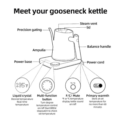 Gooseneck Electric Kettle 0.9L Temperature Control Stainless Steel Inner Heating 1200W Electric Kettles Anti-dry Protection