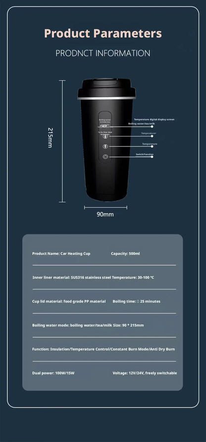 12V/24V Vehicle-Mounted Electric Kettle 500ML Large Capacity with 316 Stainless Steel Liner Fast Heating Anti-Dry-Burn Function
