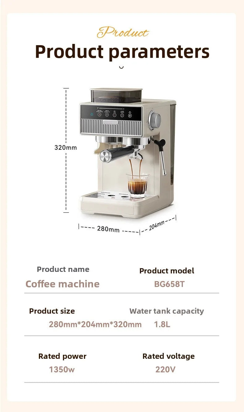 3-in-1 coffee machine grinds coffee beans+steam milk foam +15Bar espresso automatic cleaning, 20-gear grinding, LCD touch screen