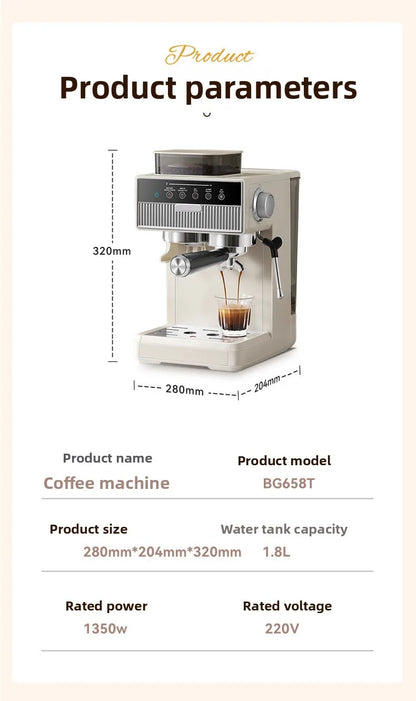 3-in-1 coffee machine grinds coffee beans+steam milk foam +15Bar espresso automatic cleaning, 20-gear grinding, LCD touch screen