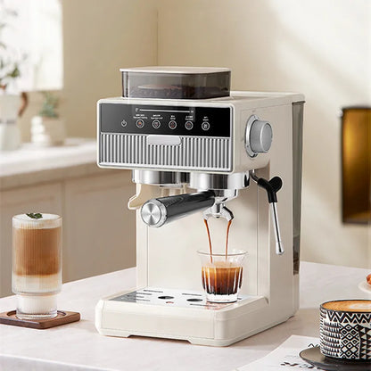 3-in-1 coffee machine grinds coffee beans+steam milk foam +15Bar espresso automatic cleaning, 20-gear grinding, LCD touch screen