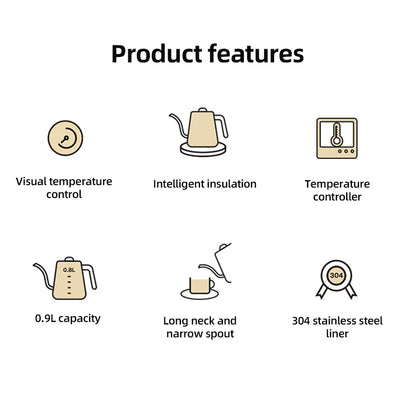 Gooseneck Electric Kettle 0.9L Temperature Control Stainless Steel Inner Heating 1200W Electric Kettles Anti-dry Protection
