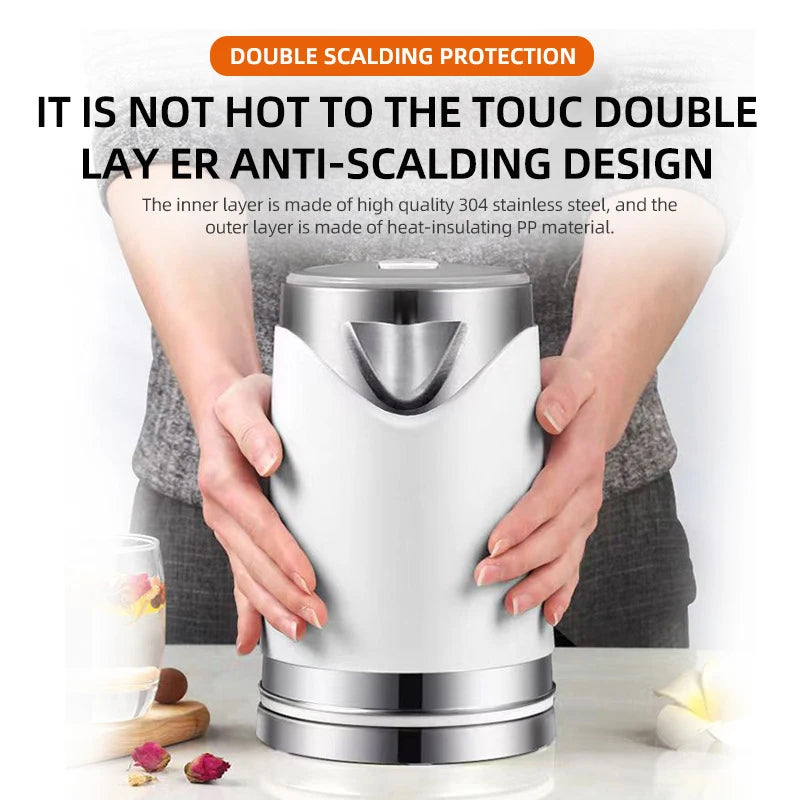 Household 2L Large Capacity Electric Kettle 304 Stainless Steel Double Layer Protection Quick Boiling Water Kettle