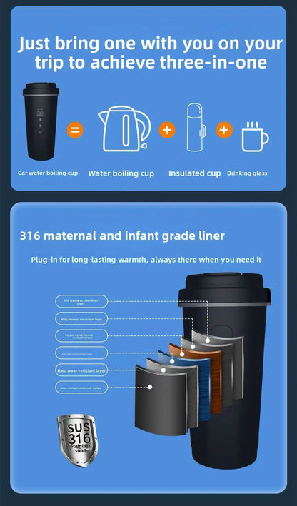 12V/24V Vehicle-Mounted Electric Kettle 500ML Large Capacity with 316 Stainless Steel Liner Fast Heating Anti-Dry-Burn Function