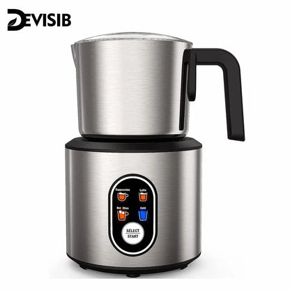 DEVISIB 4-in-1 Automatic Milk Frother Electric Instant Magic Froth 350ml Stainless Steel Pitcher Dishwasher Safe Hot and Cold