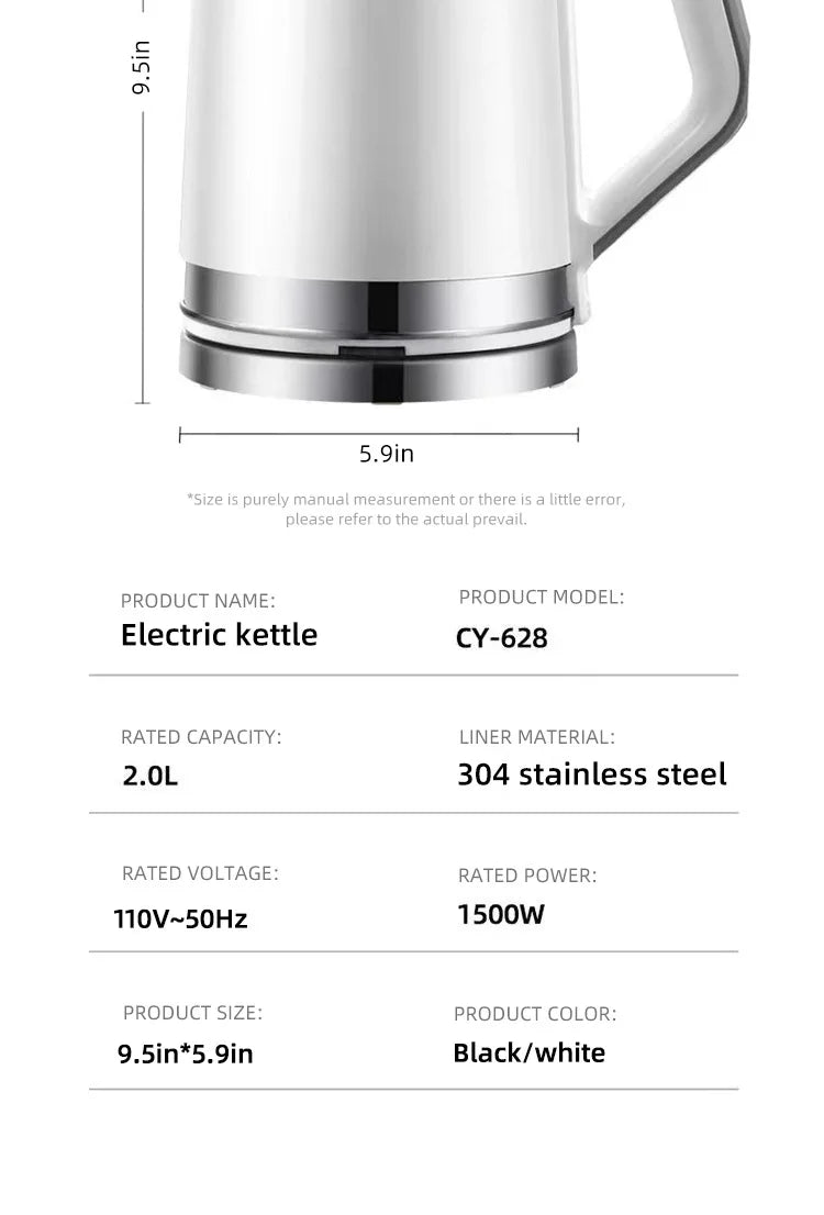 Household 2L Large Capacity Electric Kettle 304 Stainless Steel Double Layer Protection Quick Boiling Water Kettle