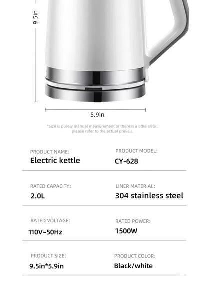 Household 2L Large Capacity Electric Kettle 304 Stainless Steel Double Layer Protection Quick Boiling Water Kettle
