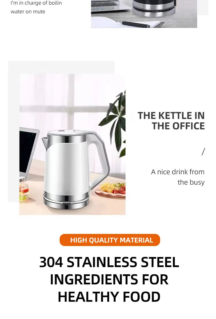 Household 2L Large Capacity Electric Kettle 304 Stainless Steel Double Layer Protection Quick Boiling Water Kettle