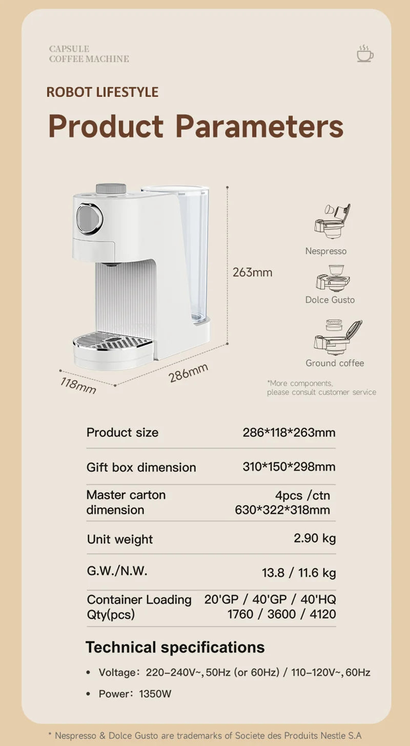 Multi Capsule Coffee Maker Machine Compatible Ground Coffee, Hot Cold Dual Extraction, 20Bar High Pressure, 1.4L Water Tank