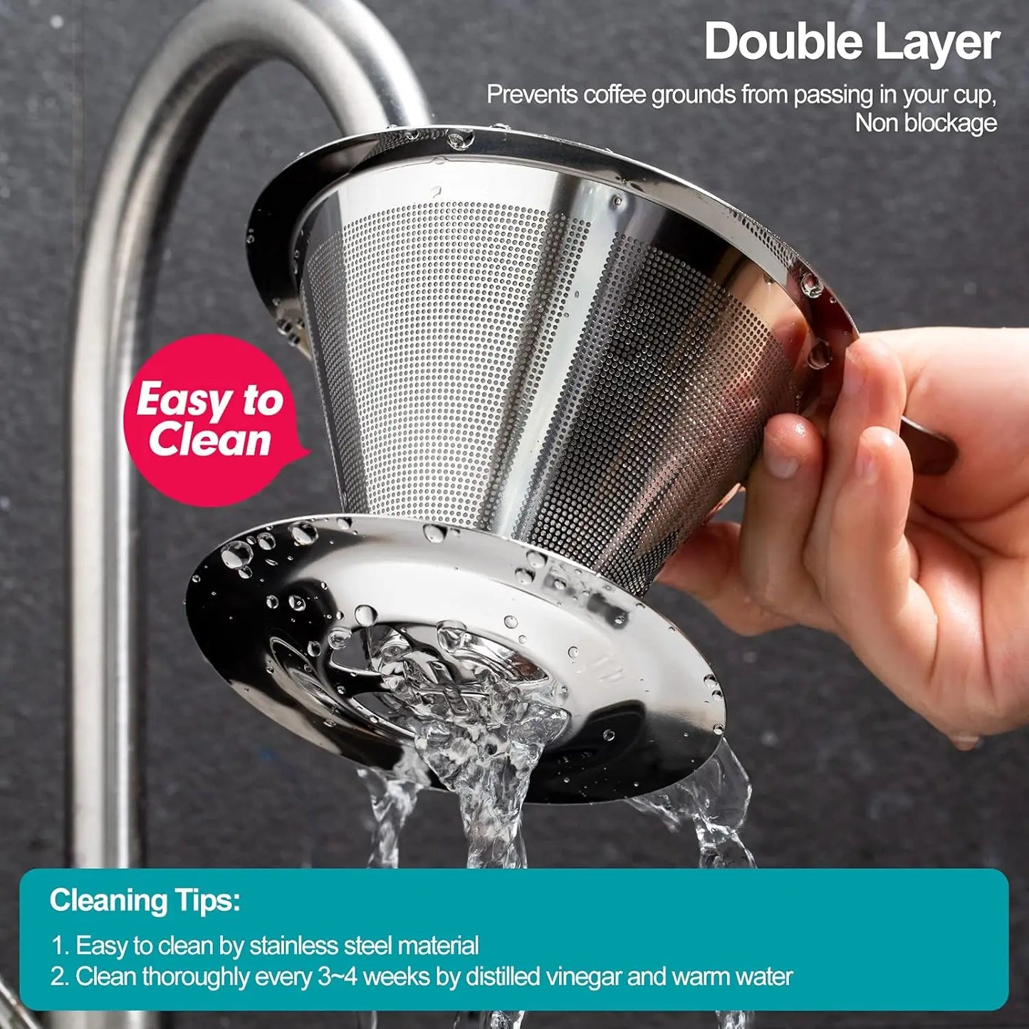 Pour Over Coffee Dripper,Slow Drip Paperless Coffee Filter,Stainless Steel Pour Over Coffee Maker,Double Mesh Design,Reusable